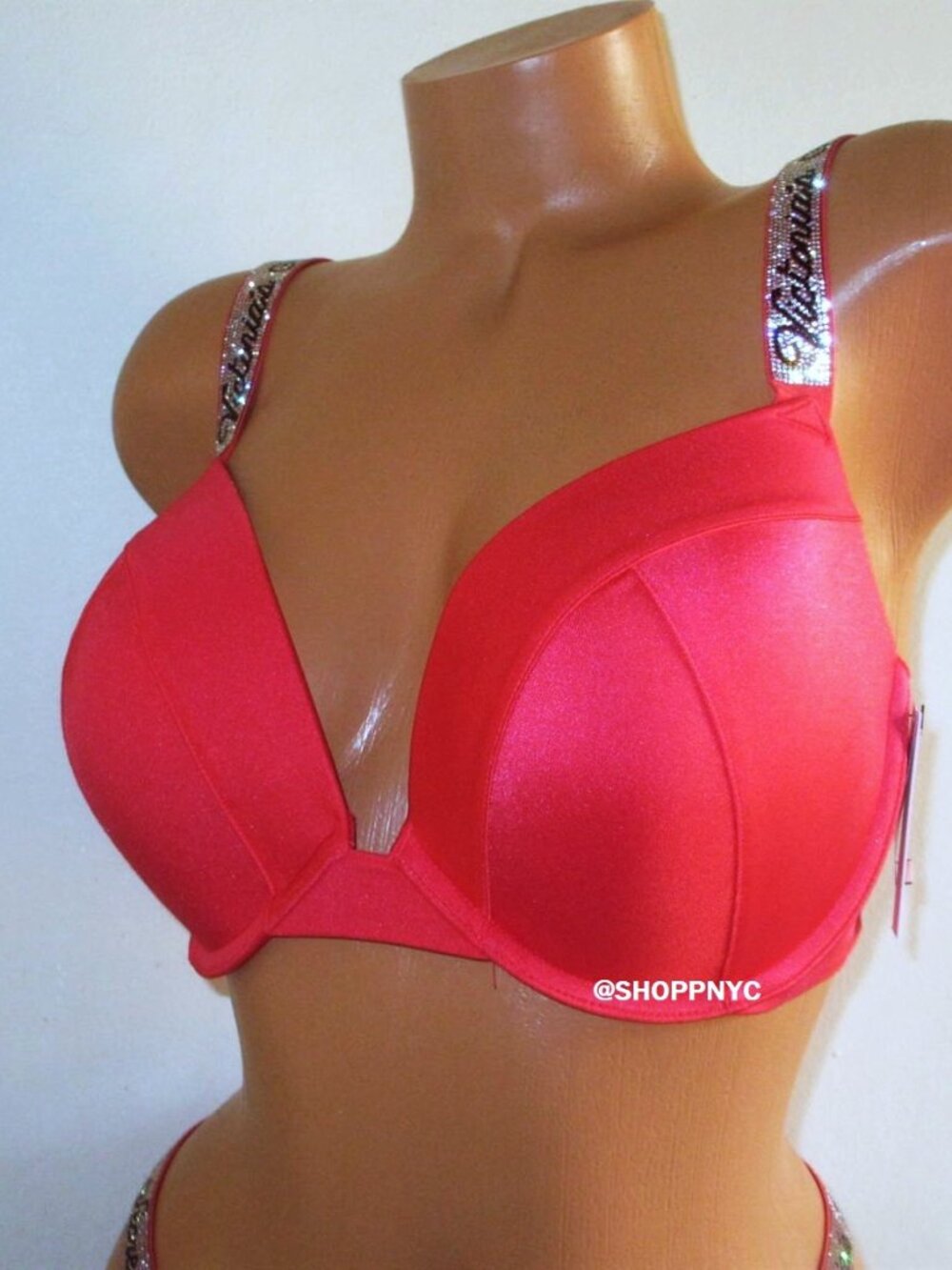 38DD VICTORIA SECRET Swim Shine Strap Push Up Bikini Top Pink Red Rhinestone $70